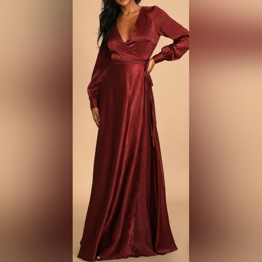 Lulu's Have Faith Burgundy Satin Button Sleeve Wrap Maxi Dress